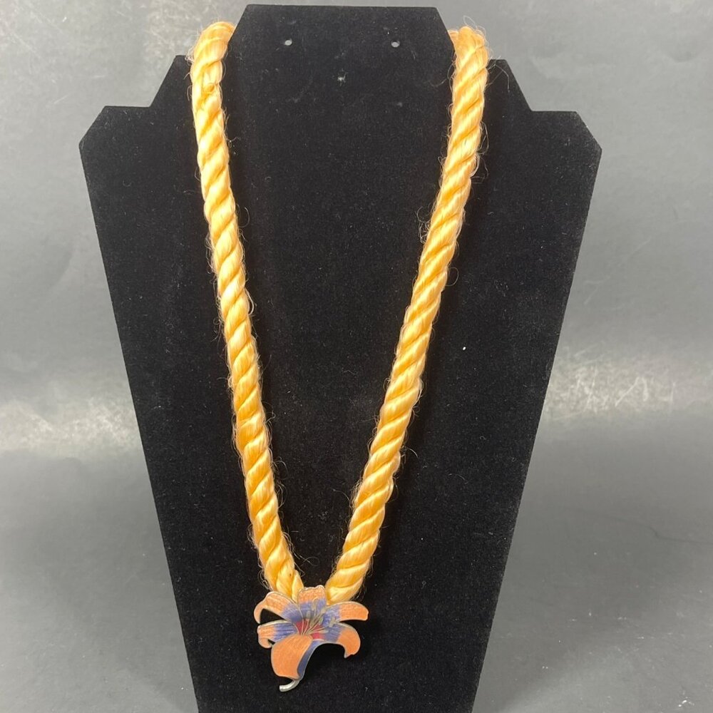 Enamel Tiger Lily Flower Pendant 24" Twisted Cord Necklace Orange Purple Vintage - Picture 10 of 10